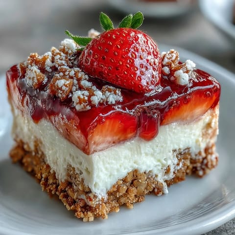 Cheesecake-topped strawberry pretzel salad dessert with vibrant ruby red gelatin.