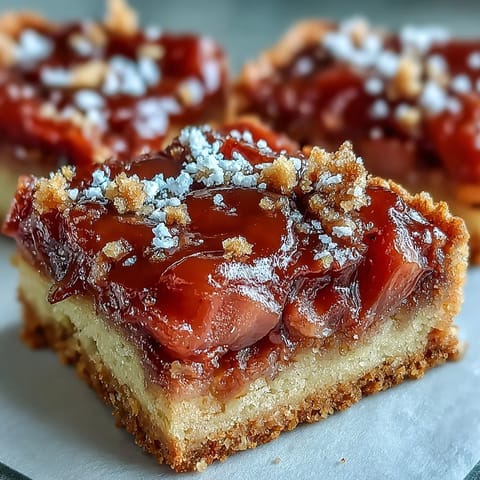 Golden Rhubarb Custard Bars with Shortbread Crust, a layered spring dessert.