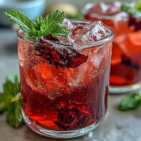 Vibrant Sparkling Hibiscus Mint Lemonade Mocktail glasses brimming with ice, perfect refreshment.