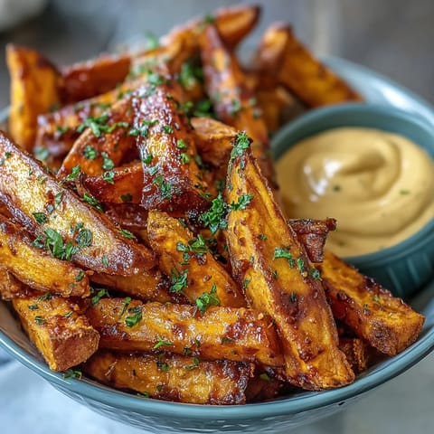 Golden air fryer sweet potato fries with creamy chipotle aioli, perfect for dipping.