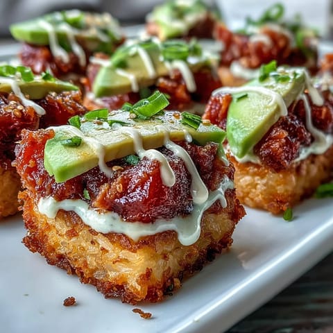 Spicy Tuna Crispy Rice Bites: golden squares topped with vibrant, creamy spicy tuna.