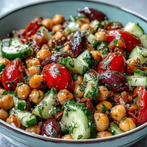 Bright Mediterranean Chickpea Salad with fresh lemon and herbs, ready to serve.