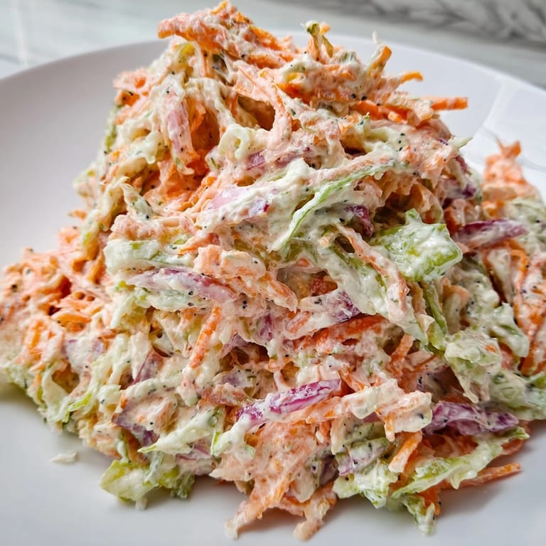 Creamy Coleslaw, glistening with tangy dressing, served in a bowl for a cool side dish.