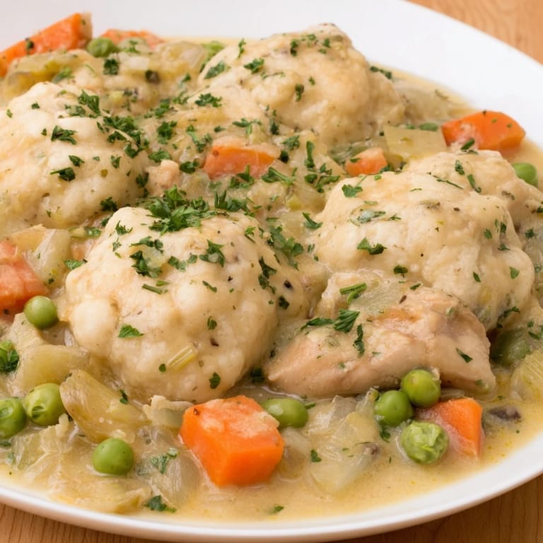 Hearty Chicken and Dumplings in a white bowl, garnished with fresh parsley, ready to be enjoyed.