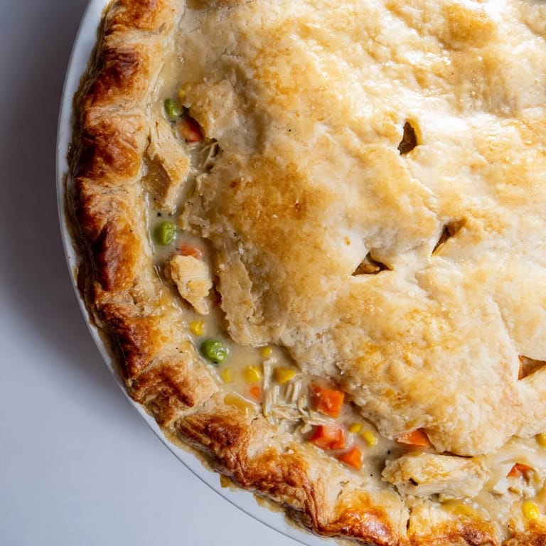 Savory Chicken Pot Pie, a comforting dish with a golden crust and creamy filling.