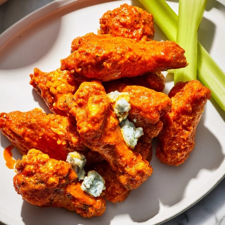 Close-up of crispy, fiery Buffalo wings, perfectly coated and served with cool celery sticks.