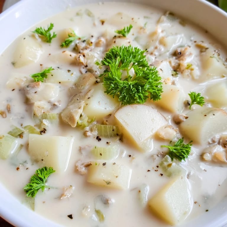 Close-up of a delicious, hearty Clam Chowder, perfect for a cold day and brimming with flavor.