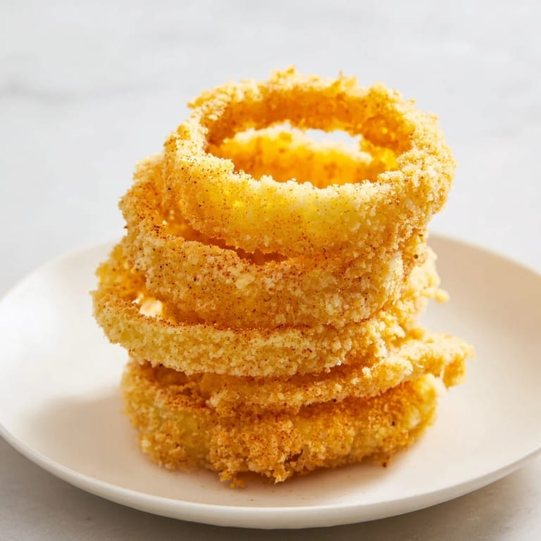 Close-up of golden onion rings, a delicious crispy snack perfect for dipping and sharing with friends.