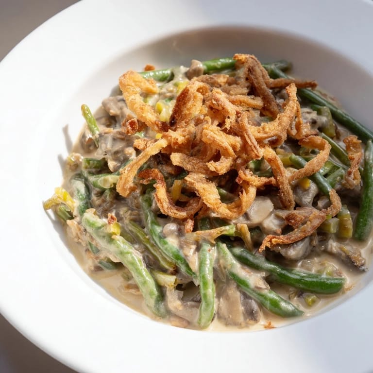 Bubbling hot Green Bean Casserole, a comforting side dish with tender green beans and a creamy sauce.
