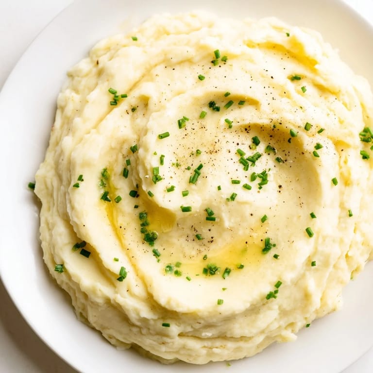 Warm, comforting bowl of mashed potatoes, garnished with herbs, ideal for a hearty family meal.