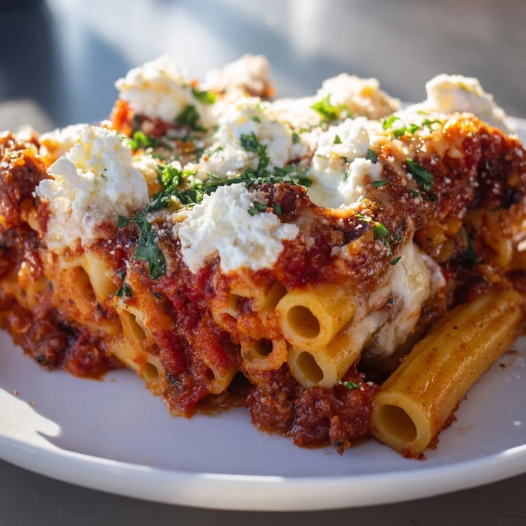 A close-up shot of steaming Baked Ziti, showcasing the layers of pasta, cheese, and sauce.