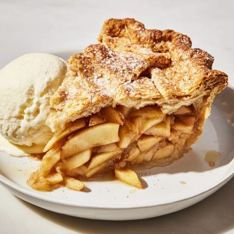 A perfect slice of apple pie, featuring a golden, bubbling filling and a hand-crimped crust.