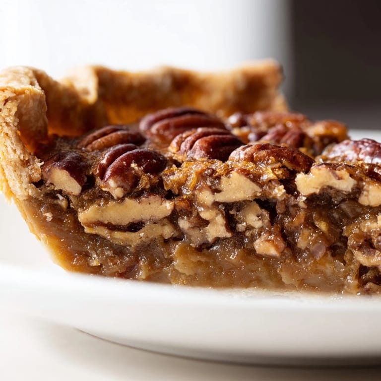 This rich, sweet pecan pie features a pecan-studded custard and golden, crimped edges.