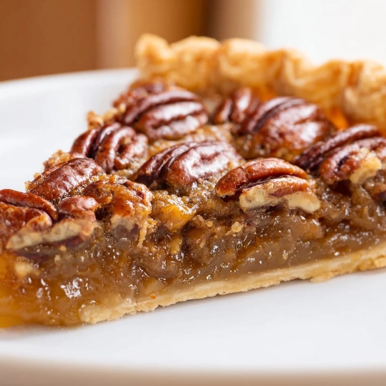 Sliced pecan pie, a classic American dessert, with a glistening filling ready to serve.