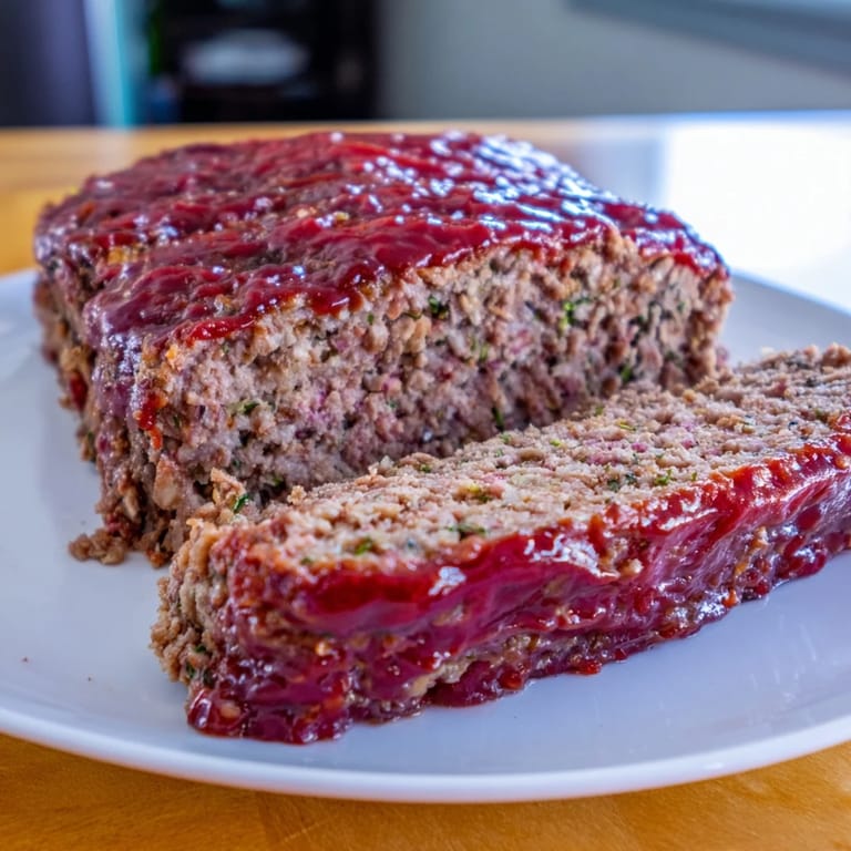 A classic American meatloaf recipe, moist and flavorful, pictured alongside green beans and savory gravy.