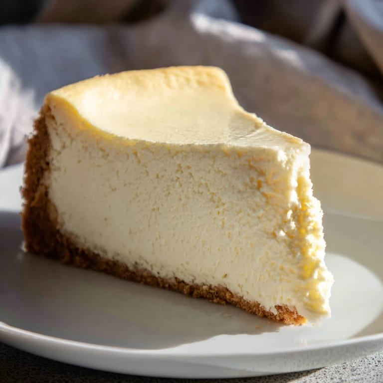Close-up of a decadent New York cheesecake, highlighting its rich, dense filling and classic graham cracker crust.