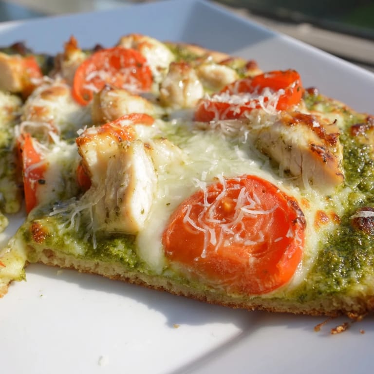 Homemade Chicken Pesto Pizza on a baking sheet with fresh basil garnish, showcasing a crispy thin-crust and savory toppings.