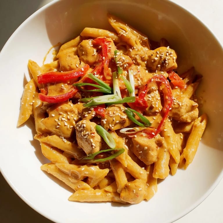 Garnished with spring onions and sesame seeds, this easy fusion pasta shines on a rustic plate.