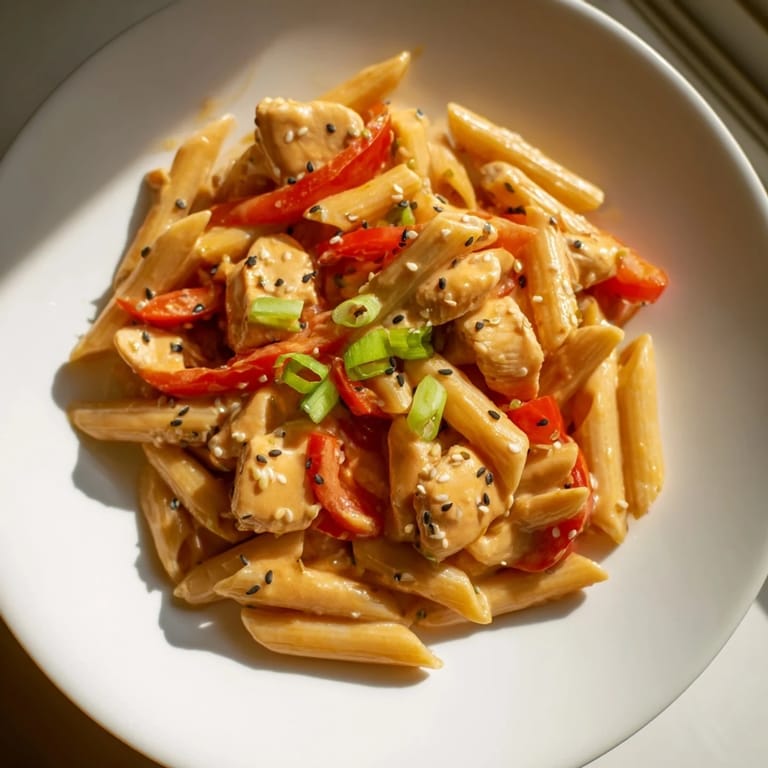 Close-up of saucy Sweet Chili Chicken Pasta with penne, showcasing glossy texture and vibrant red pepper.