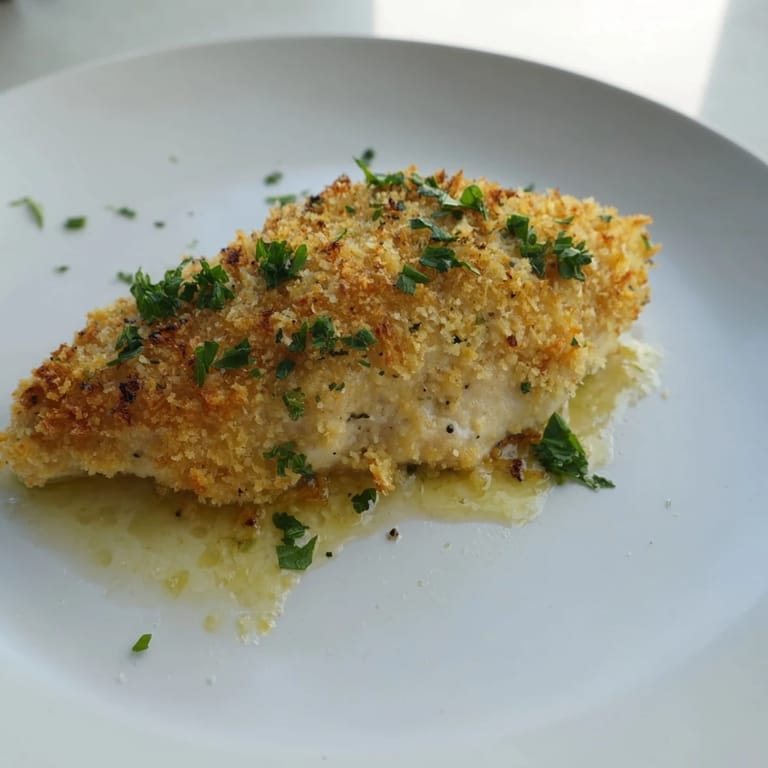 Juicy, oven-baked Roasted Garlic Parmesan Chicken served with a bright green salad and lemon wedges.