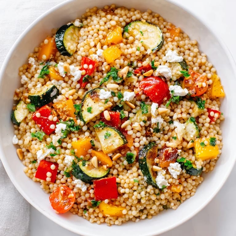 A close-up shows the Mediterranean Roasted Veggie Couscous Salad, featuring juicy tomatoes and toasted pine nuts tossed in a zesty lemon herb dressing.  