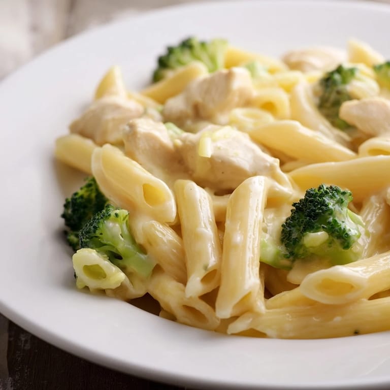 Family-friendly Chicken Broccoli Cheddar Pasta served steaming hot, garnished with extra sharp cheddar and parsley.