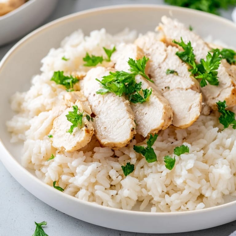 Sizzling grilled chicken breast served over a steaming bowl of garlic butter rice with a bright squeeze of lemon.