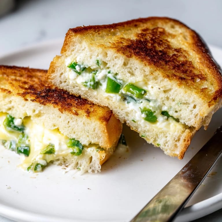 Freshly chopped jalapeños peek through the gooey cream cheese filling inside this irresistible Jalapeño Popper Grilled Cheese.
