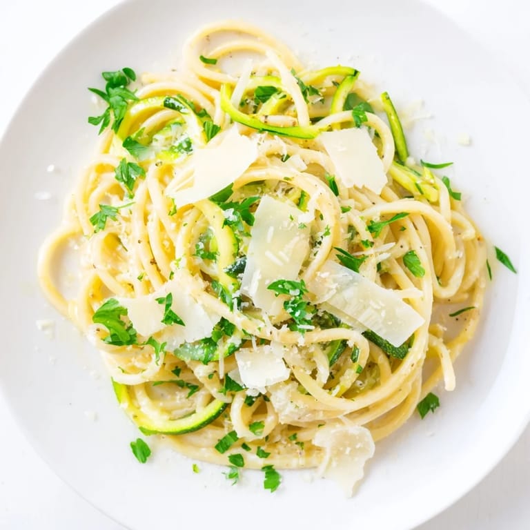 Lemon Zucchini Pasta served warm on a white plate, ready to be enjoyed with a crisp glass of white wine.