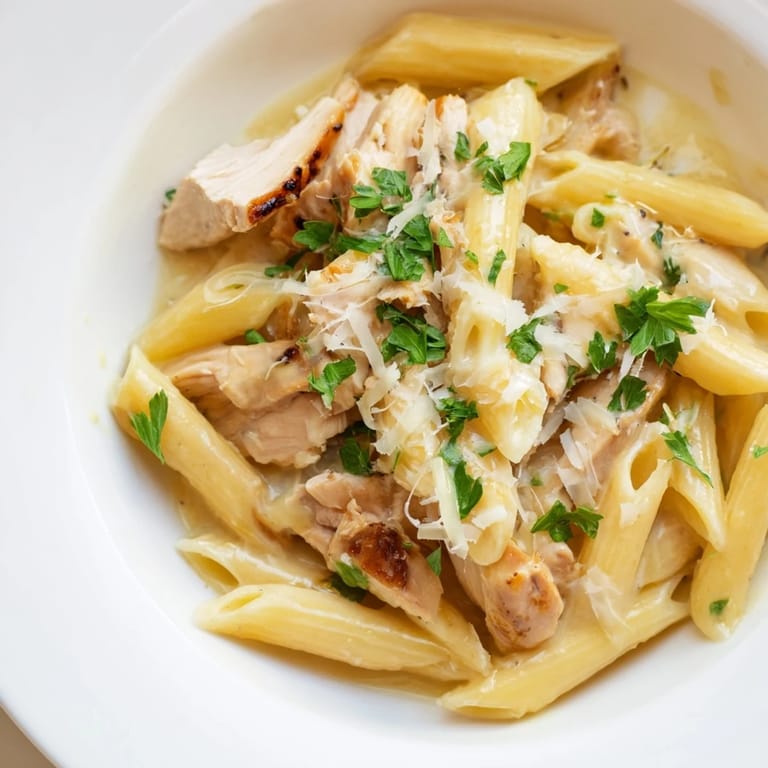 Top-down view of Roasted Garlic Chicken Penne, featuring golden roasted garlic cloves and a garnish of fresh parsley.