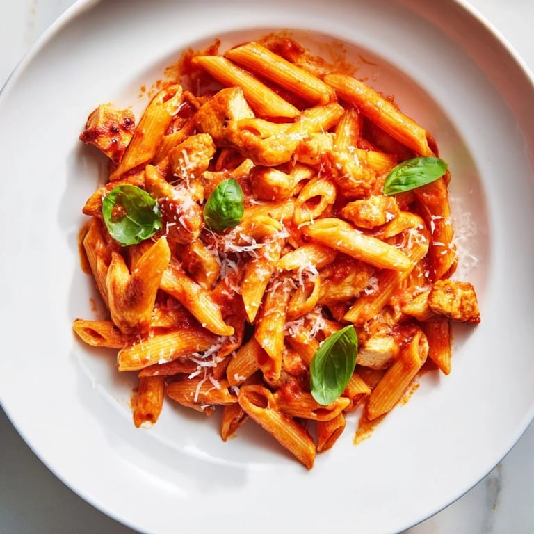 Steam rises from the skillet as tender chicken and penne pasta are tossed in a rich, chunky tomato and basil sauce.