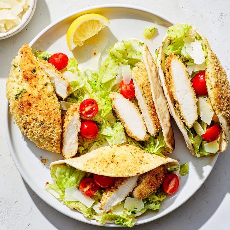 A close-up of Crispy Herbed Chicken Caesar Pitas revealing juicy chicken, creamy Caesar dressing, and a fresh salad filling.