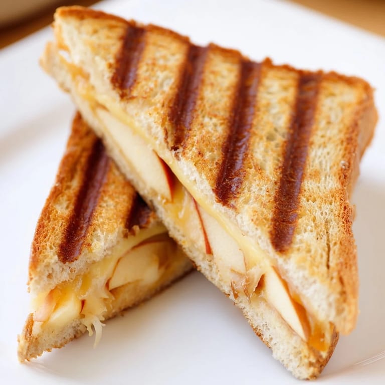 A close-up of the smoked Gouda & apple grilled cheese, showcasing gooey cheese pull and fresh apple layers.