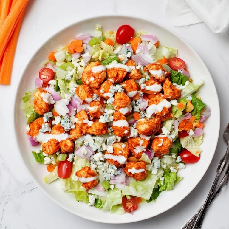 A hearty bowl of Buffalo Chicken Chopped Salad tossed with ranch dressing and topped with vibrant shredded carrots and cherry tomatoes.