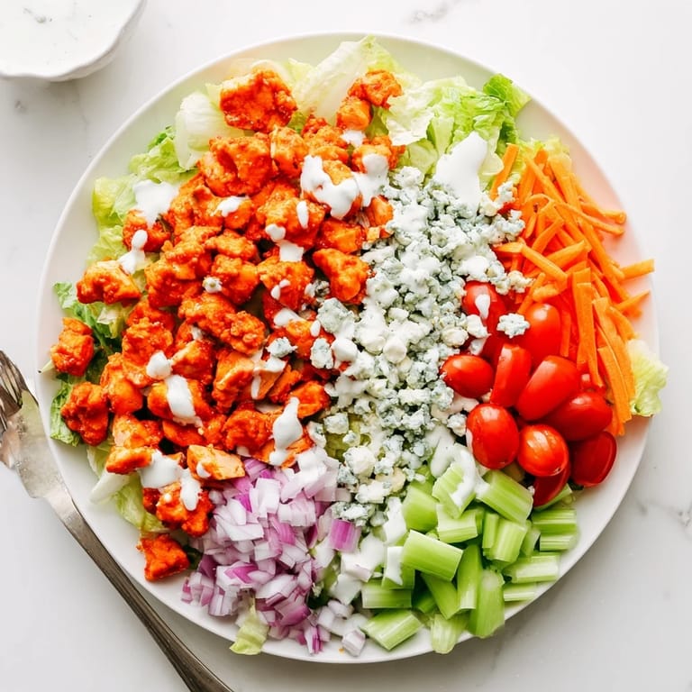 A light lunch serving of Buffalo Chicken Chopped Salad plated on a white dish, garnished with celery and red onion for crunch.