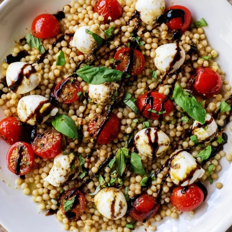Hearty Caprese Couscous Salad with tender Israeli couscous, fresh basil, and a drizzle of tangy balsamic glaze on a rustic wooden table.