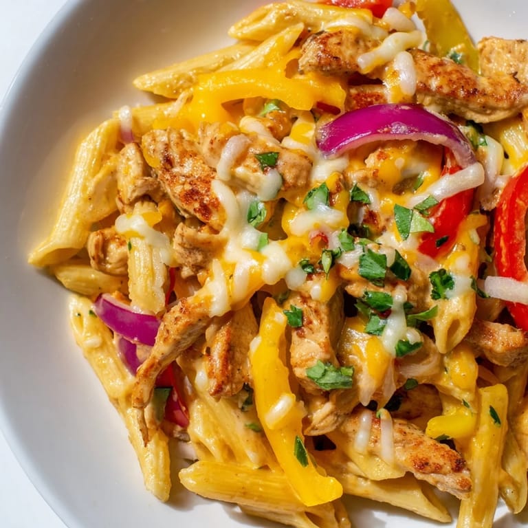 Creamy Fajita Chicken Pasta Skillet served hot, garnished with cilantro, lime wedges, and sliced jalapeños.