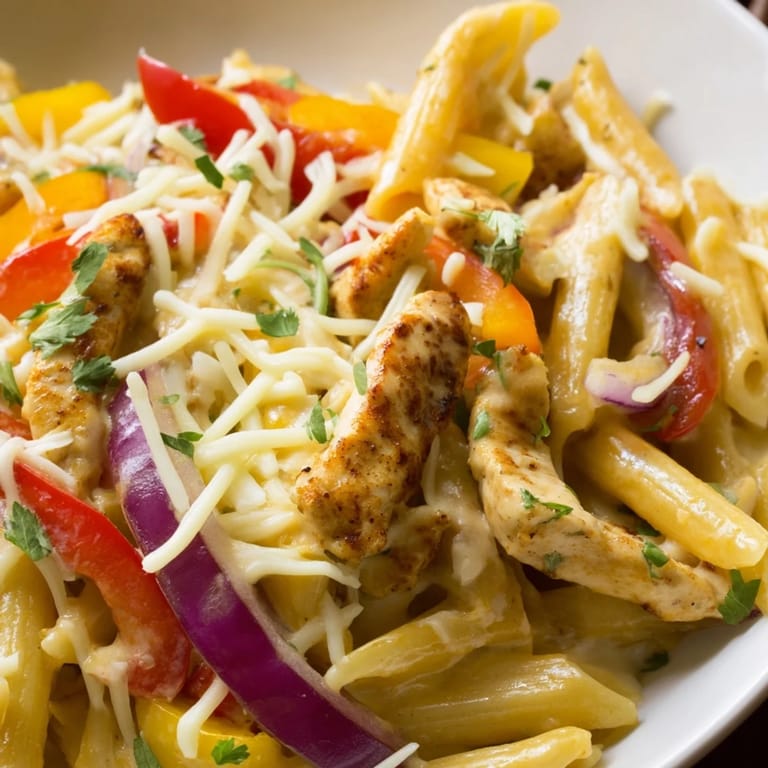 Tender Fajita Chicken Pasta Skillet with golden cheese melted over penne, red and yellow peppers, and onions.