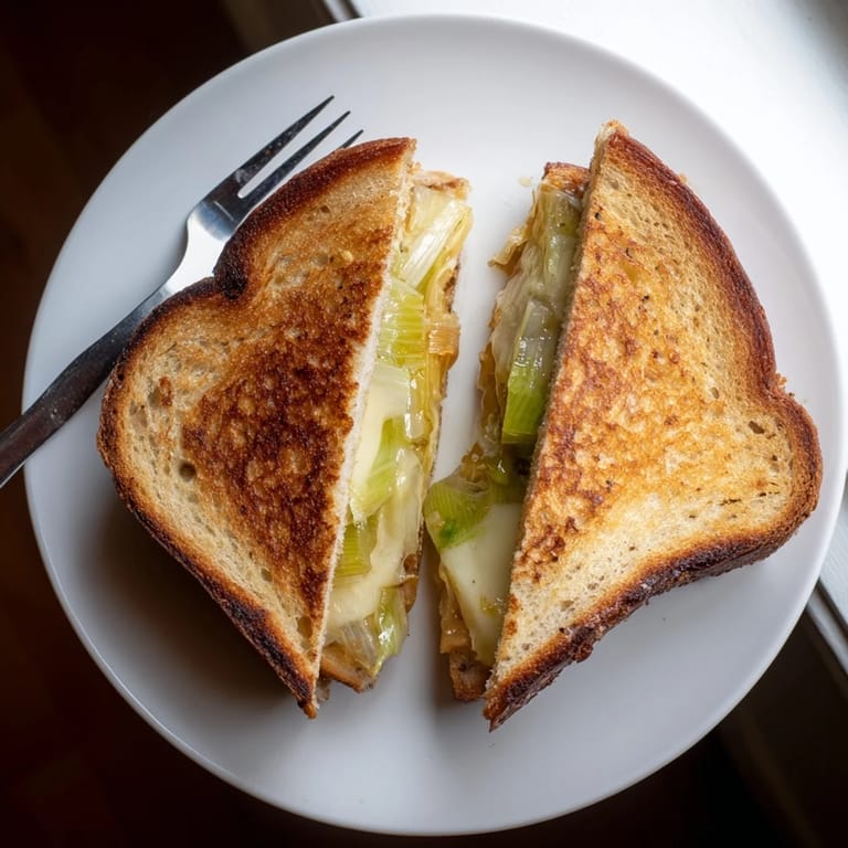 Havarti & Caramelized Leek Grilled Cheese on a plate, served with a light green salad and a warm cup of tomato soup.