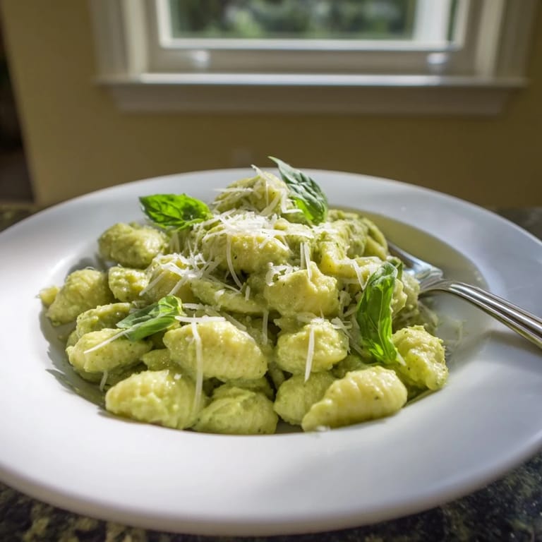 Freshly tossed creamy avocado pesto mac with al dente macaroni, vibrant green sauce, and a sprinkle of cracked black pepper on top.  