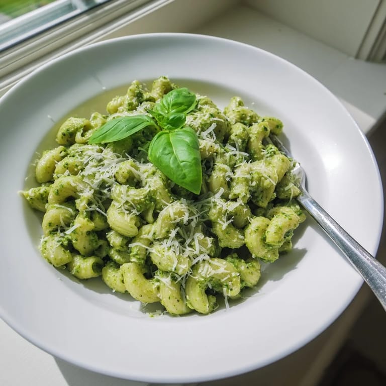 Homemade creamy avocado pesto mac served warm, with silky avocado sauce clinging to pasta and extra grated Parmesan for a delicious finish.