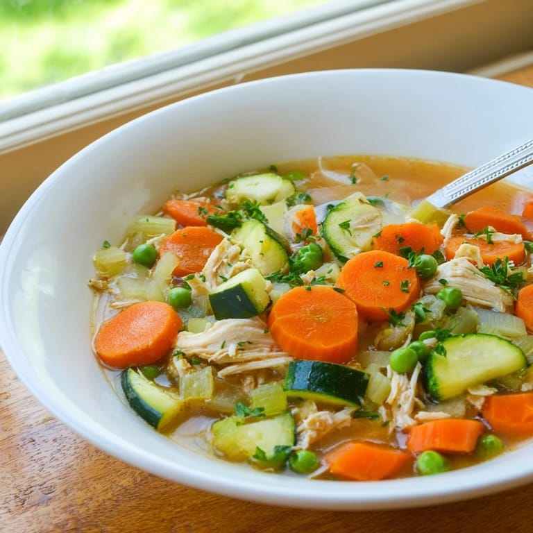 Close-up of Spring Garden Chicken Soup featuring juicy shredded chicken, fresh herbs, and lemon garnish, perfect for a light meal.
