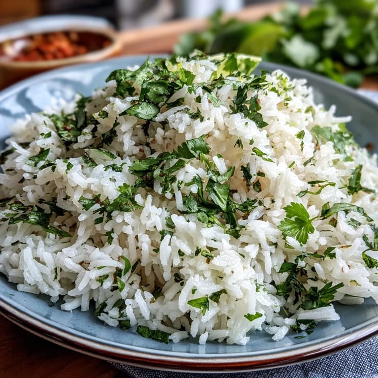 Steaming bowl of aromatic Cilantro Lime Rice garnished with fresh cilantro, a perfect vegan side for tacos or fajitas.