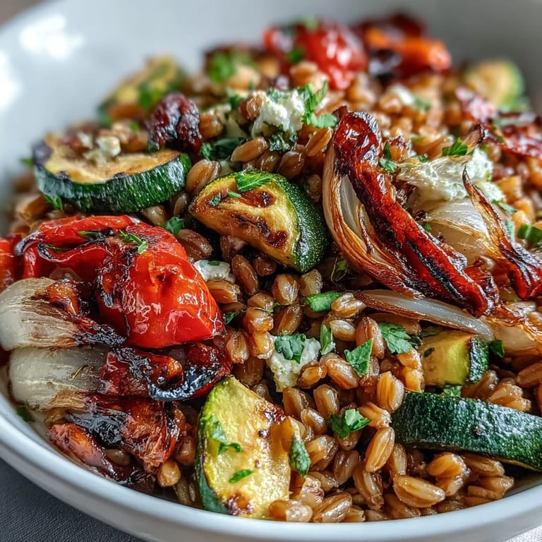 Freshly baked farro with roasted vegetables served beside a simple green salad for a wholesome meal.