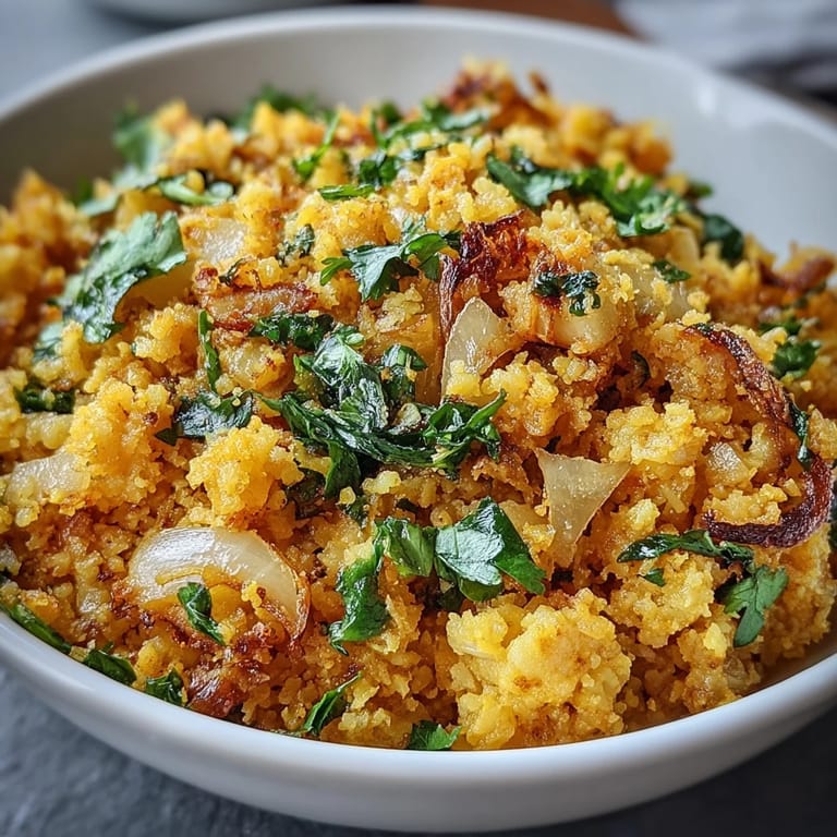 Golden Turmeric Cauliflower Rice sizzling in a skillet with finely chopped onion and garlic, ready to serve as a light side dish.