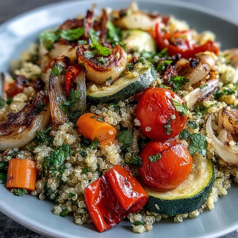 Rustic skillet of Quinoa Vegetable Pilaf with vibrant roasted veggies and fresh herbs, steaming beside a lemon wedge for bright, zesty flavor.
