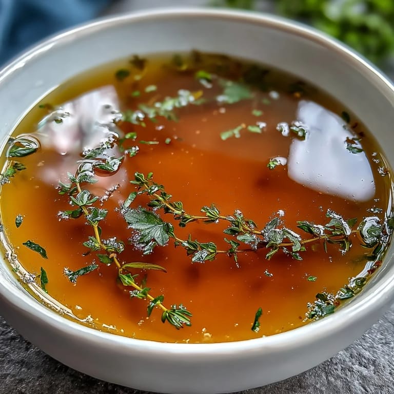 Strained golden Vegetable Broth From Scraps in a clear glass bowl next to fresh parsley sprigs and carrot peels, highlighting its vibrant color and zero-waste, nourishing qualities.