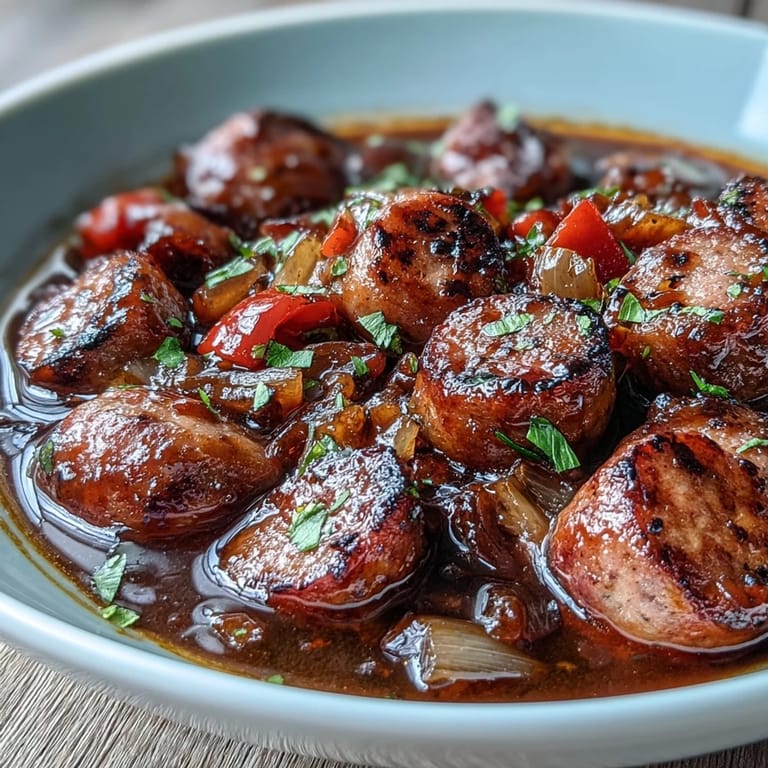 Sweet apricot jam blends with smoky BBQ sauce in this hearty Crock Pot Cocktail Sausage Soup, ready to serve.