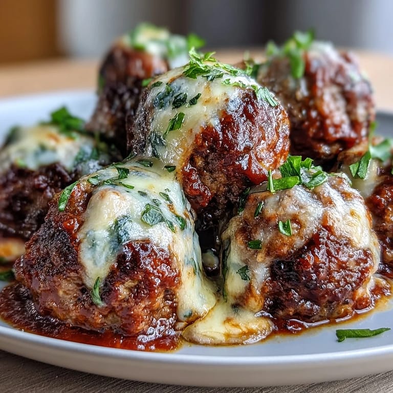 The melted mozzarella and Parmesan create a gooey, savory center in each tender meatball.