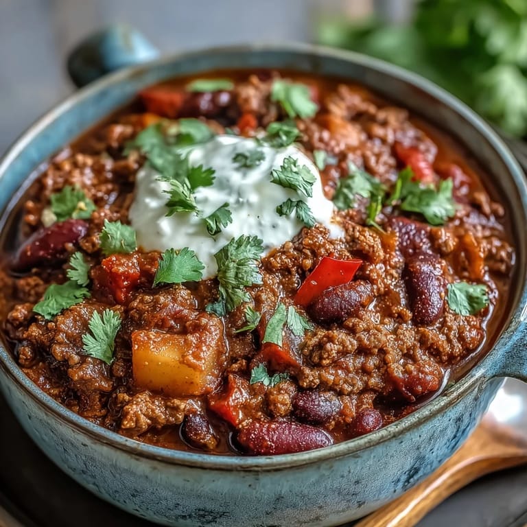 Homemade Slow Cooker Chili with ground beef and kidney beans served in a rustic bowl, garnished with green onions.